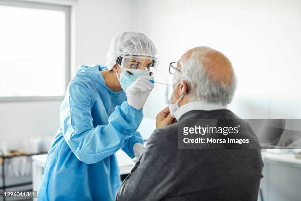 doctor taking swab test sample of elderly patient, pcr. - pandemic illness stock-fotos und bilder
