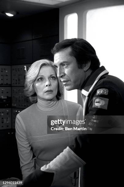 Barbara Bain as Dr Helena Russell and Martin Landau as Commander John Koenig in The Taybor episode of Space 1999, London, June 1976.