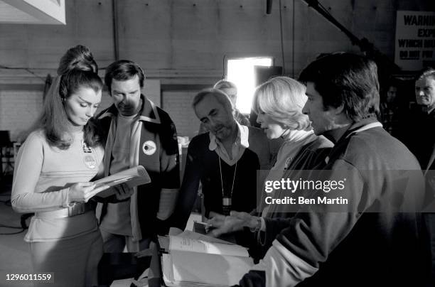 Barbara Bain as Dr Helena Russell and Martin Landau as Commander John Koenig with cast members Tony Anholt as Tony Verdeschi , Catherine Schell as...
