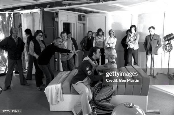 Barbara Bain as Dr Helena Russell and Martin Landau as Commander John Koenig with director Bob Brooks and cinematographer Frank Watts on set...