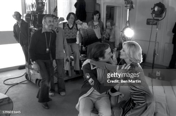 Barbara Bain as Dr Helena Russell and Martin Landau as Commander John Koenig and director Bob Brooks on set rehearsing The Taybor episode of Space...