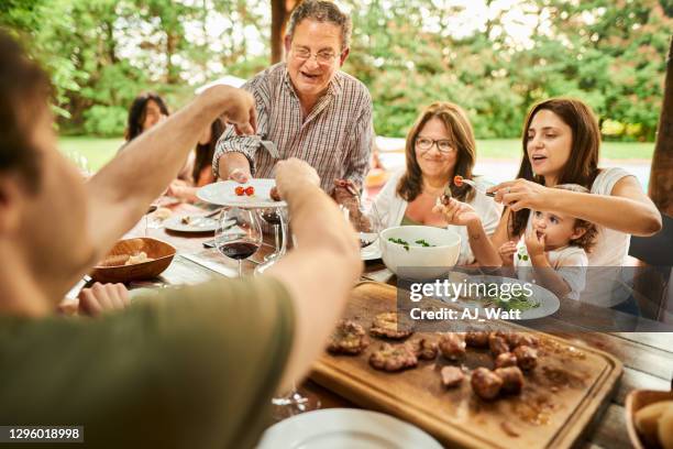 lächelnde mehrgenerationenfamilie serviert essen während eines gemeinsamen abendessens im freien - asado stock-fotos und bilder
