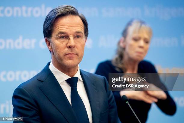 Prime minister Mark Rutte is seen during the COVID-19 press conference on January 12, 2021 in The Hague, Netherlands. During the press conference it...