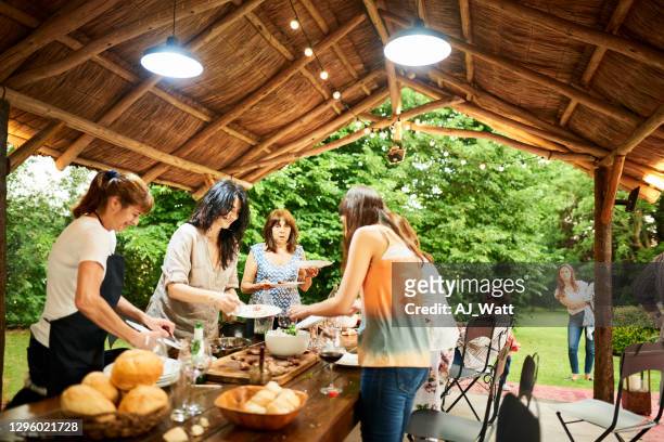women clearing a table after a family dinner together outside - cleaning up after party stock pictures, royalty-free photos & images