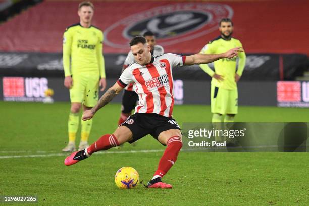 Billy Sharp of Sheffield United scores a penalty for his sides first goal during the Premier League match between Sheffield United and Newcastle...