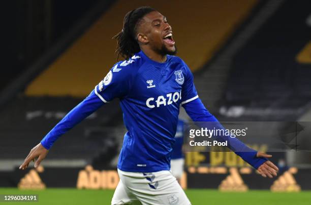 Alex Iwobi of Everton celebrates after scoring their team's first goal during the Premier League match between Wolverhampton Wanderers and Everton at...