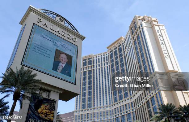The marquee at The Palazzo Las Vegas displays a tribute to Las Vegas Sands Corp. Chairman and CEO Sheldon Adelson on January 12, 2021 in Las Vegas,...