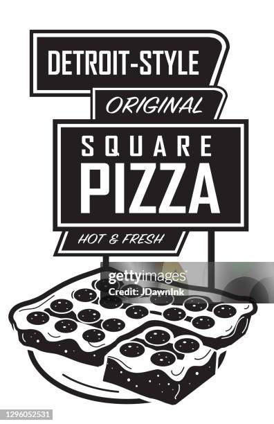 retro sign of detroit-style original square pizza illustration - deep dish pizza stock illustrations