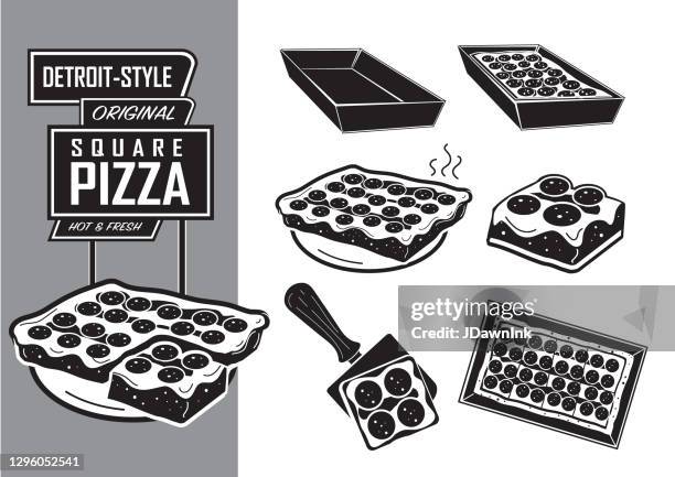 retro black and white set of detroit-style square pizza illustrations - detroit vector stock illustrations