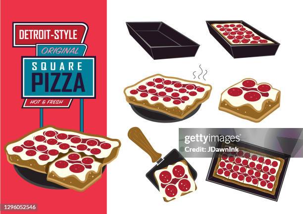 retro color set of detroit-style square pizza illustrations - deep dish pizza stock illustrations