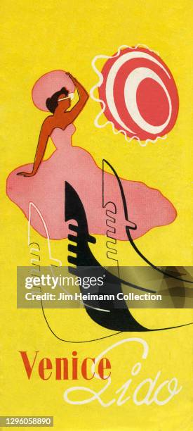 Brochure for Venice Lido shows an illustration of a woman in a pink dress with matching hat standing beneath a red and white umbrella with three...