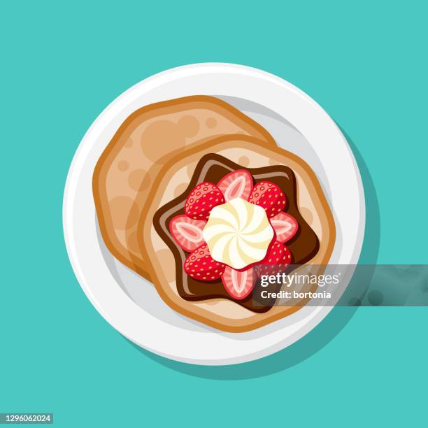 stockillustraties, clipart, cartoons en iconen met chocolade strawberry pannenkoeken overhead icoon - chocoladesaus