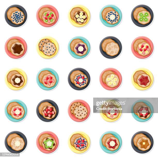 stockillustraties, clipart, cartoons en iconen met pancake toppings icon set - chocoladesaus