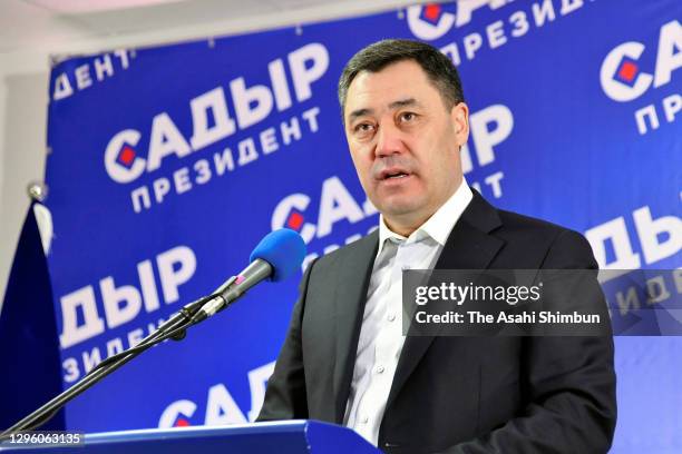 Presidential candidate Sadyr Japarov attends a press conference on January 10, 2021 in Bishkek, Kyrgyzstan.