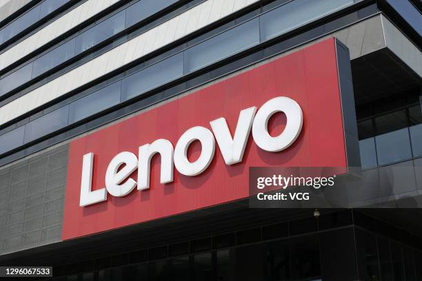 Signage hangs on the Lenovo Group Ltd. Headquarters on August 8, 2019 in Beijing, China.