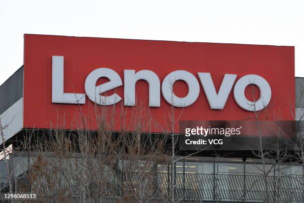 Signage hangs on the Lenovo Group Ltd. Headquarters on January 4, 2021 in Beijing, China.