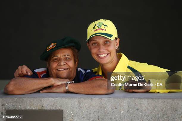 Former cricketer Faith Thomas and current Australian cricketer Ashleigh Gardner pose for a photograph at the Adelaide Oval on February 21, 2017 in...