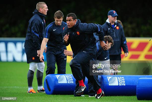 Thierry Dusautoir the captain of France runs through drills during a France IRB Rugby World Cup 2011 training session at Onewa Domain on October 19,...