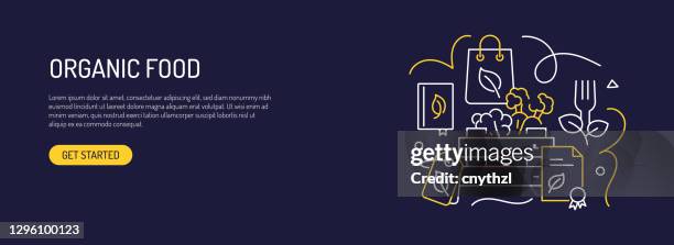 bio-lebensmittel und produkte im zusammenhang web banner line style. modernes design vektor-illustration für web-banner, website-header etc. - zuckerfrei stock-grafiken, -clipart, -cartoons und -symbole