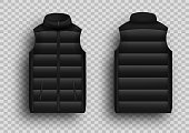 Black winter puffer vest, sleeveless jacket mockup set, vector illustration. Realistic down vest, front and back view.