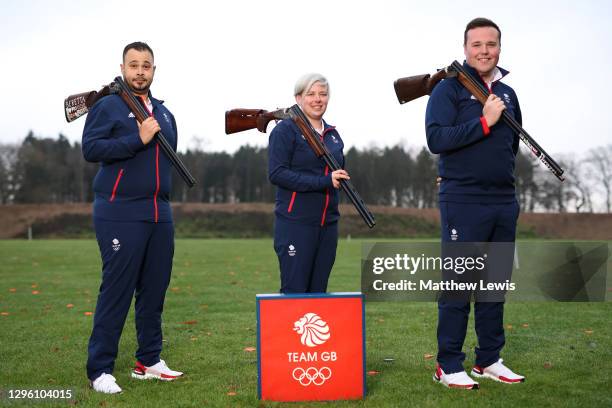 Aaron Heading, Kirsty Hegarty and Matthew Coward-Holley of Great Britain pose for a photo to mark the official announcement of the Shooting Team...