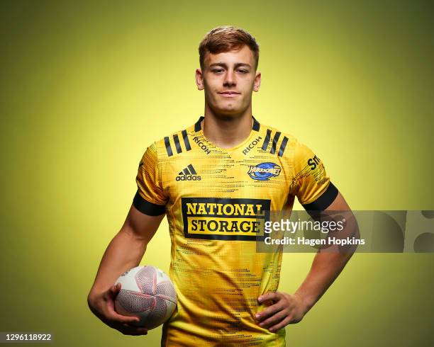 Ruben Love poses during the Hurricanes 2021 Super Rugby Aotearoa team headshots session at Rugby League Park on January 13, 2021 in Wellington, New...