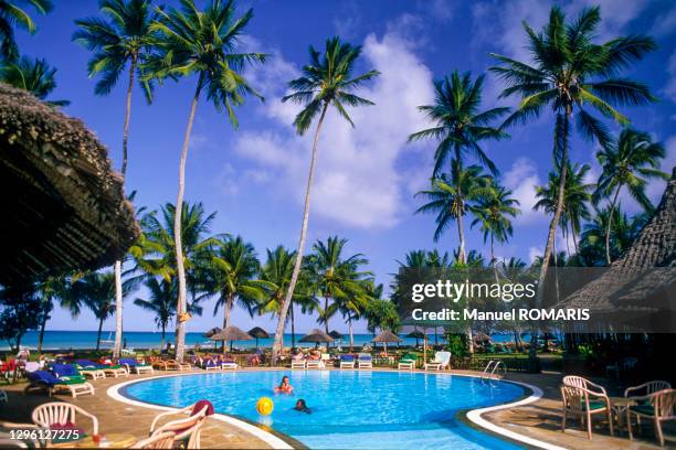 swimming pool with palm trees - マリンディ ストックフォトと画像