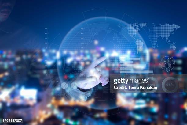 the double exposure image of businessman touching global network and data exchanges over the world 3d rendering - global media stockfoto's en -beelden