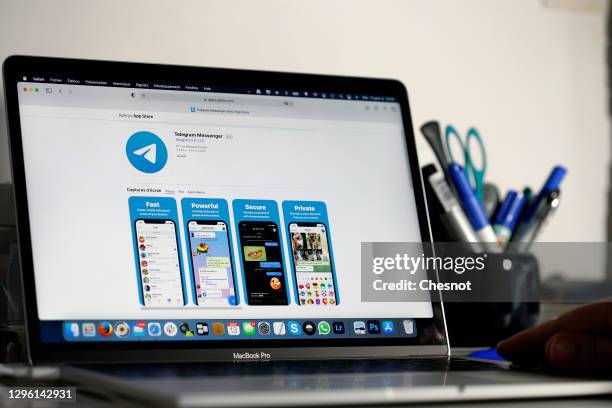 In this photo illustration, the home page of the social media application Telegram is displayed on the screen of a MacBook Pro on January 13, 2021 in...