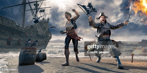 Pirates On Beach Holding Flag and Cutlass Near Pirate Ship Pirates On Beach Holding Flag and Cutlass Near Pirate Ship