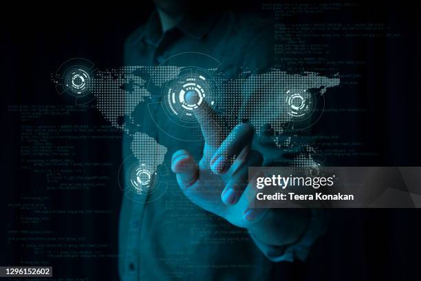 businessman touching global network and data exchanges over the world - center for asian american media stock pictures, royalty-free photos & images