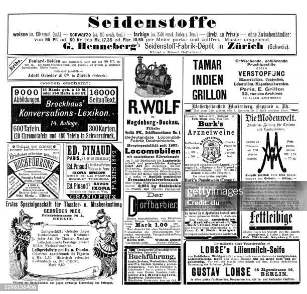ads from 1892 in a german magazine - constipation stock illustrations