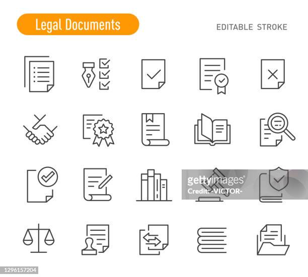 illustrazioni stock, clip art, cartoni animati e icone di tendenza di icone documenti legali - serie linea - tratto modificabile - diritto