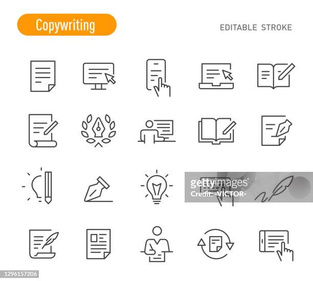 copywriting icons - linienserie - bearbeitbarer strich - maschinenteil hergestellter gegenstand stock-grafiken, -clipart, -cartoons und -symbole