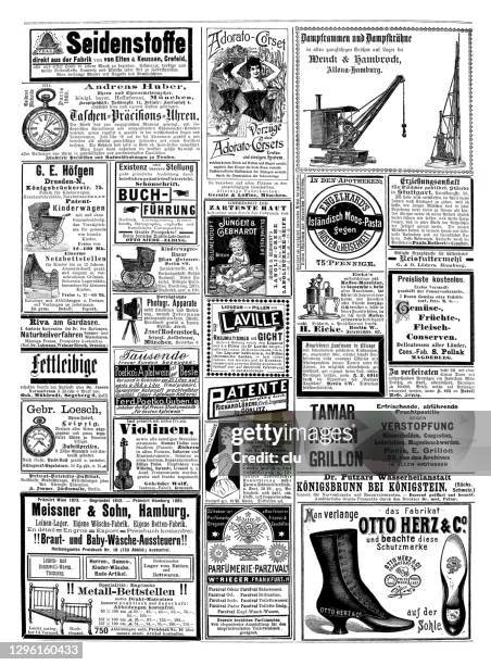 ads from 1892 in a german magazine - newspaper ad stock illustrations