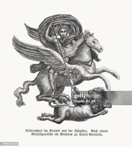 bellerophon killing the chimera, wood engraving, published in 1893 - mosaic greek stock illustrations