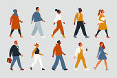 Crowd of young and elderly men and women in trendy hipster clothes. The diverse group of stylish people going together. Society, social diversity. Flat cartoon vector illustration.