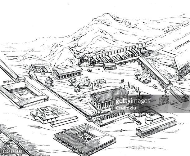 classical olympia areal - ancient olympia greece stock illustrations