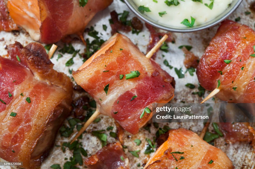 Bacon Wrapped Salmon Bites with Tartar Sauce