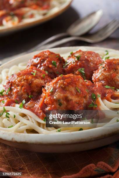 linguine with turkey meatballs in a marinara sauce - turkey meat balls stock pictures, royalty-free photos & images