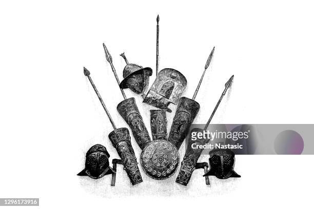 gladiatorenwaffen aus pompeji - gladiator stock-grafiken, -clipart, -cartoons und -symbole