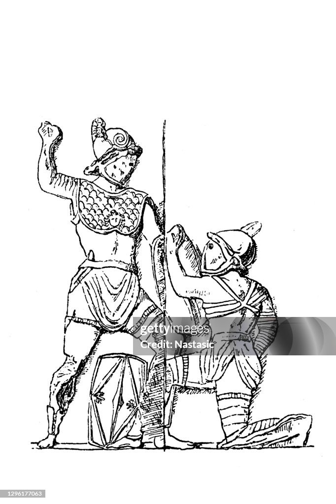 Hoplomachus and Thracian gladiator. From a Pompeii relief from Naples