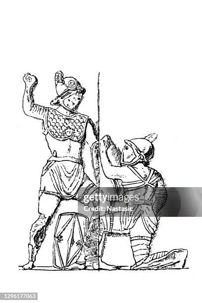 hoplomachus and thracian gladiator. from a pompeii relief from naples - surrendering stock illustrations stock illustrations