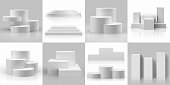 Realistic podium. 3D circular or cube platforms and product base mockup. Isolated geometric compositions for exhibition and presentation. Blank stepped pedestal. Vector templates set