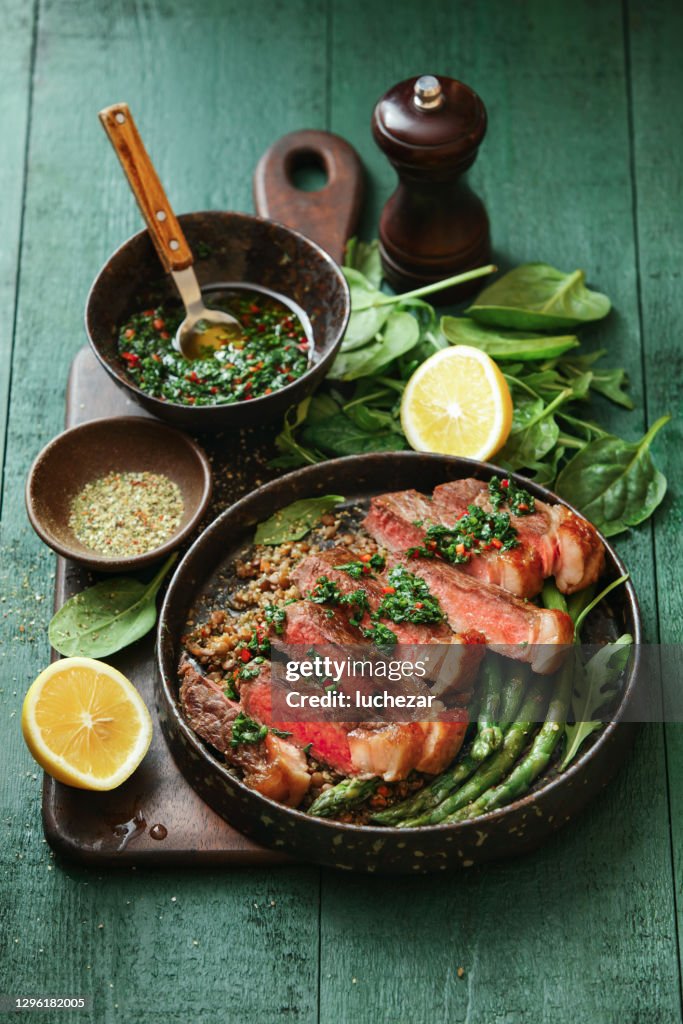 Grilled Steak with Asparagus, Quinoa and Lentil Salad