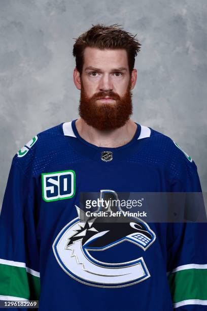 Jordie Benn of the Vancouver Canucks poses for his official headshot for the 2020-2021 season on September 12, 2019 at Rogers Arena in Vancouver,...