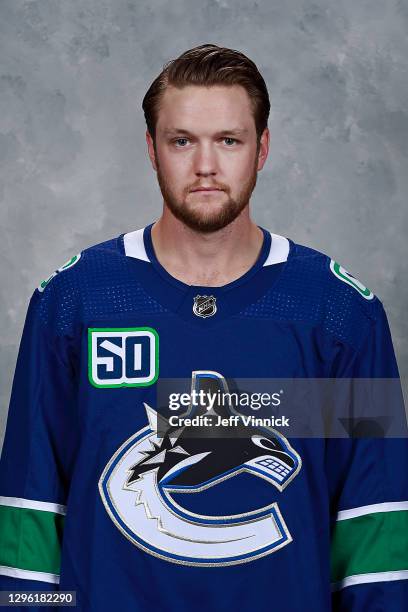 Thatcher Demko of the Vancouver Canucks poses for his official headshot for the 2020-2021 season on September 12, 2019 at Rogers Arena in Vancouver,...