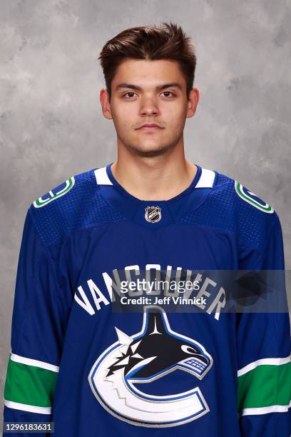 Michael DiPietro of the Vancouver Canucks poses for his official headshot for the 2020-2021 season on September 13, 2018 at Rogers Arena in...