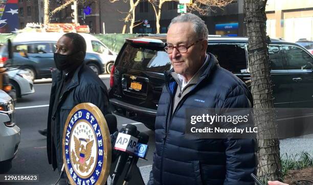 Senate Minority Leader Charles Schumer of New York conducts a press conference in Manhattan in which he called for anyone who trespassed at the U.S....