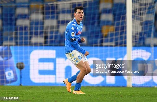 Hirving Lozano of Napoli celebrates after scoring their team's second goal during the Coppa Italia match between SSC Napoli and Empoli FC at Stadio...